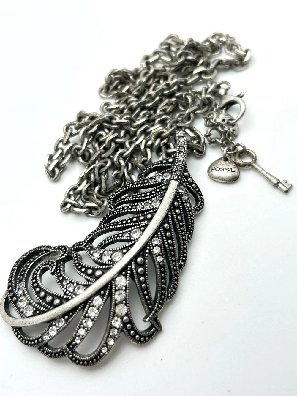 Fossil Jeweled Feather Pendant Necklace